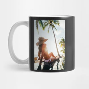 Attractive Brunette in White Bikini Sunbathing by Hotel Pool at Sunset Mug